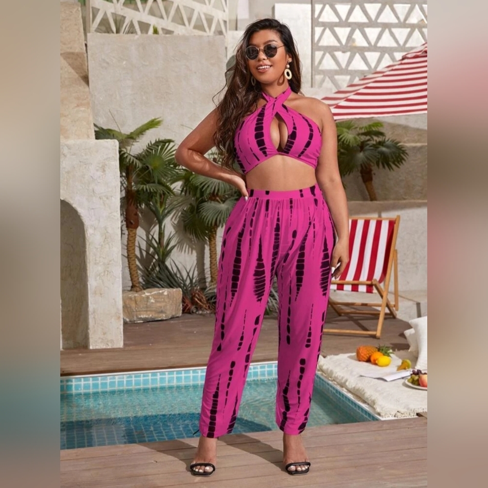 Plus 3pack Tie Dye Cross High Waist Bikini Swimsuit & Beach Pants
